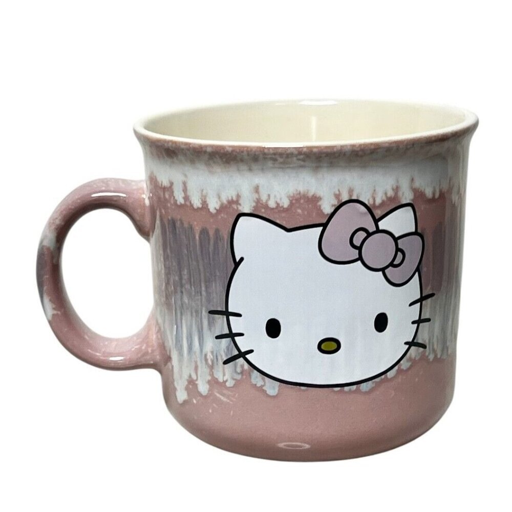 Sanrio Hello Kitty Pink Bow Reactive Glaze Ceramic 20 oz‎ Camper Mug Pink NEW